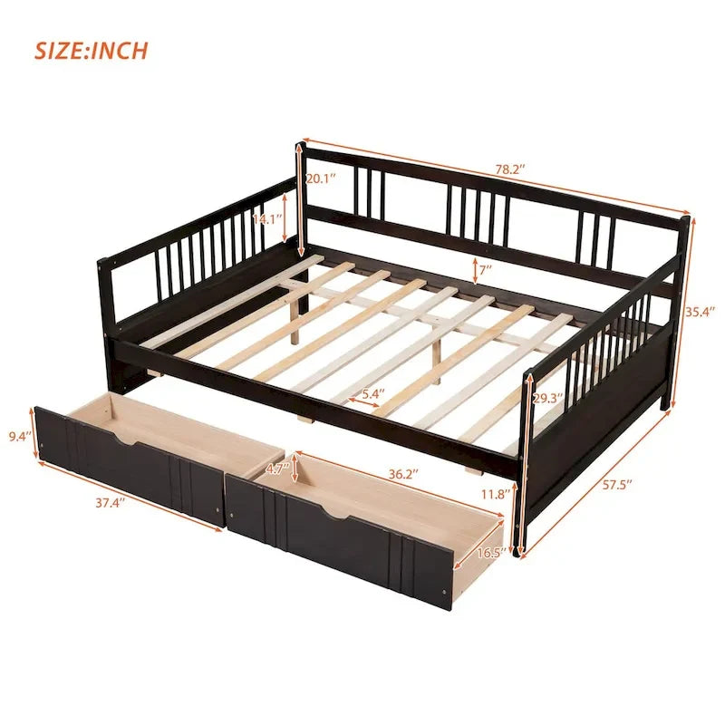Lit de repos 2 places en bois, canapé-lit équipé d’accoudoirs en bois et de deux tiroirs