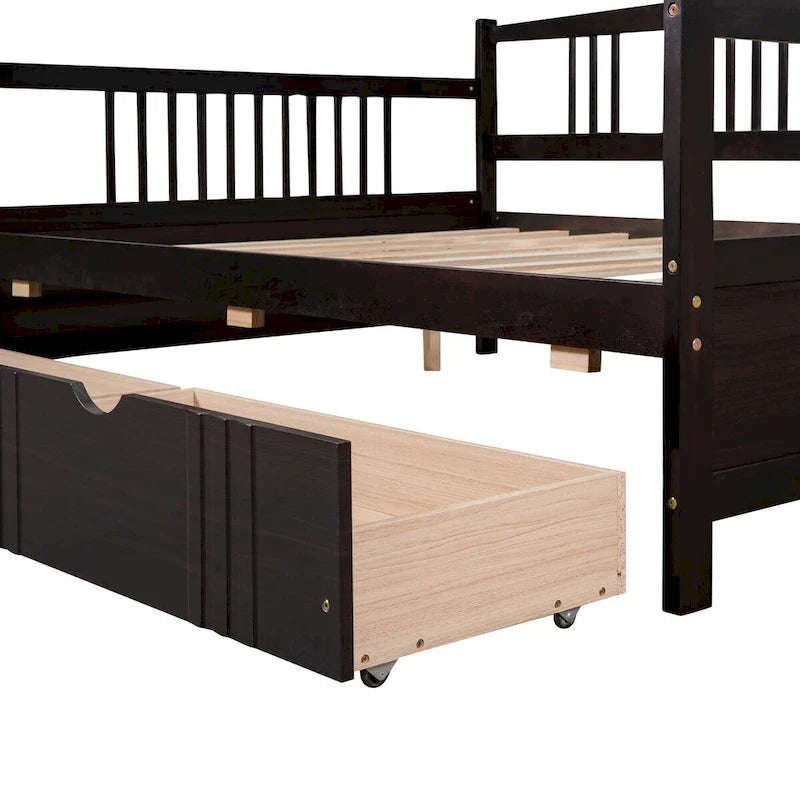 Full Size Wood Daybed, Sofa Bed, Equipped with Wooden Handrails and Two Drawers