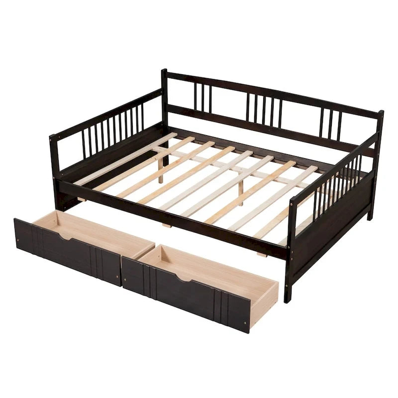 Full Size Wood Daybed, Sofa Bed, Equipped with Wooden Handrails and Two Drawers