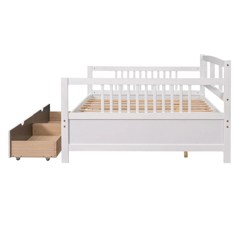 Full Size Wood Daybed, Sofa Bed, Equipped with Wooden Handrails and Two Drawers