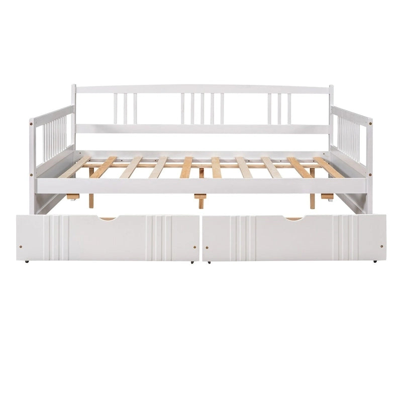 Full Size Wood Daybed, Sofa Bed, Equipped with Wooden Handrails and Two Drawers