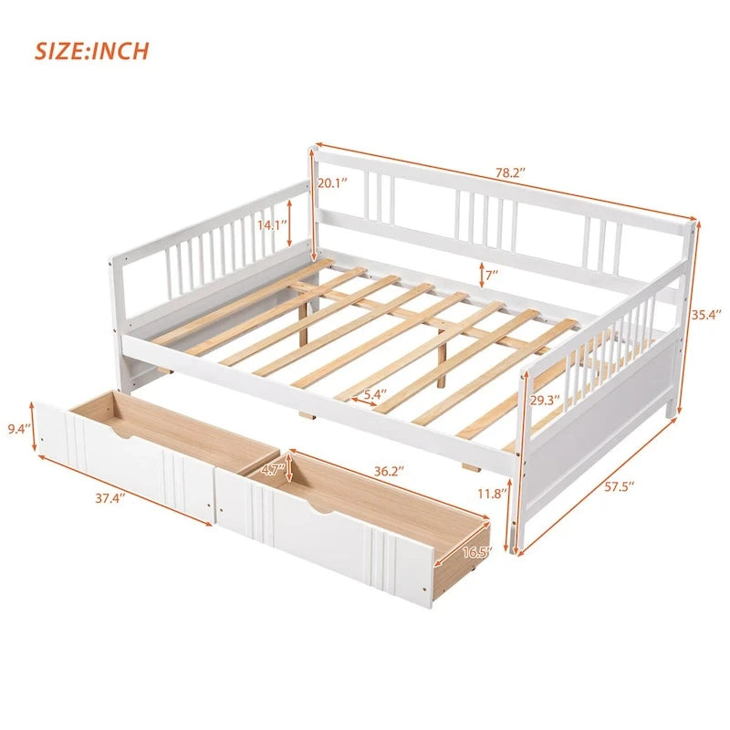 Full Size Wood Daybed, Sofa Bed, Equipped with Wooden Handrails and Two Drawers