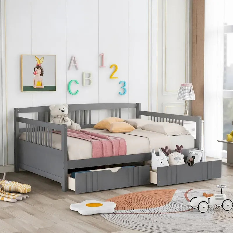 Full Size Wood Daybed, Sofa Bed, Equipped with Wooden Handrails and Two Drawers