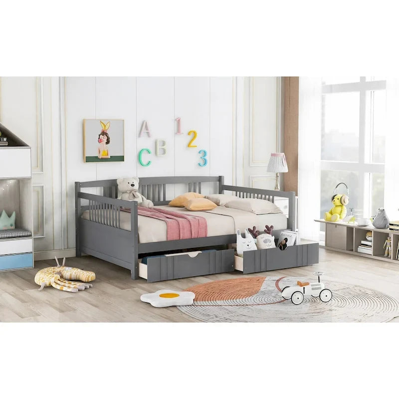 Full Size Wood Daybed, Sofa Bed, Equipped with Wooden Handrails and Two Drawers