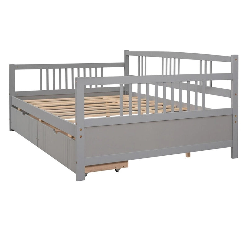 Full Size Wood Daybed, Sofa Bed, Equipped with Wooden Handrails and Two Drawers
