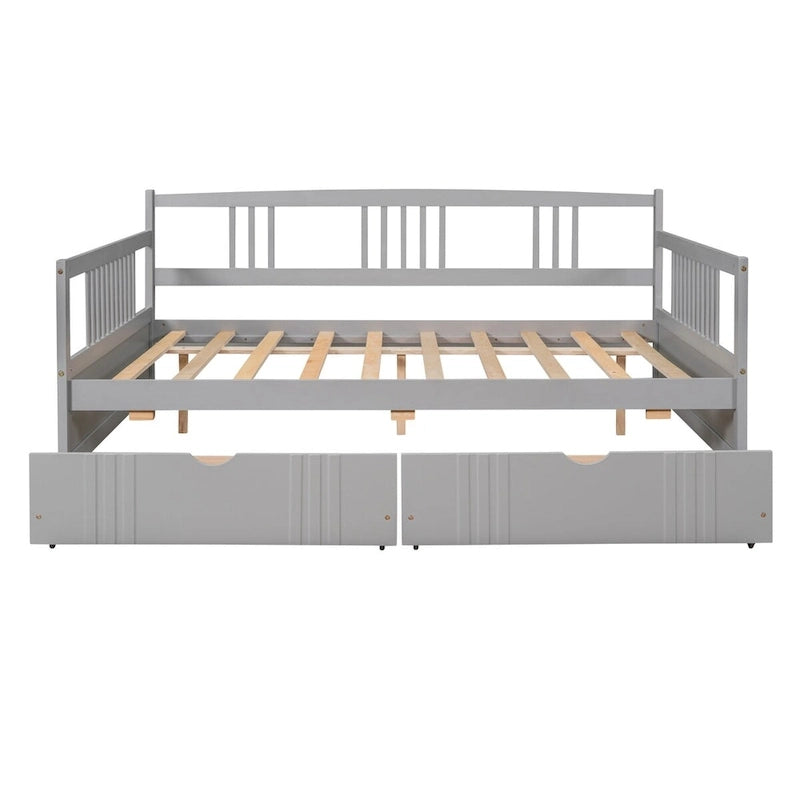 Full Size Wood Daybed, Sofa Bed, Equipped with Wooden Handrails and Two Drawers