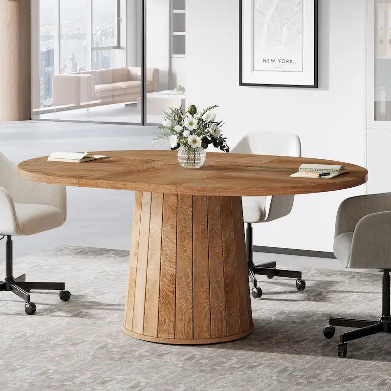 Table de conférence ovale en bois marron de 55.11 pouces avec piètement en bois pour 6 personnes - N/A