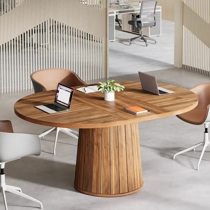 Table de conférence ovale en bois marron de 55.11 pouces avec piètement en bois pour 6 personnes - N/A