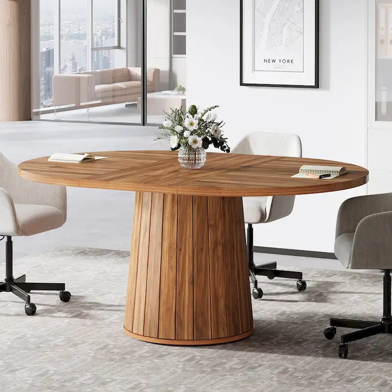 Table de conférence ovale en bois marron de 55.11 pouces avec piètement en bois pour 6 personnes - N/A