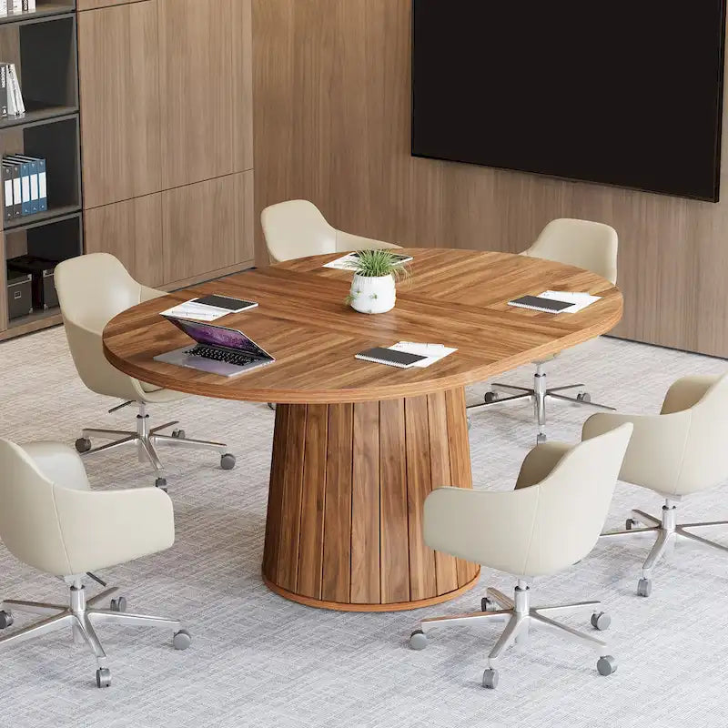55.11 Zoll ovaler Konferenztisch aus braunem Holz mit Holzgestell für 6 Personen - N/A
